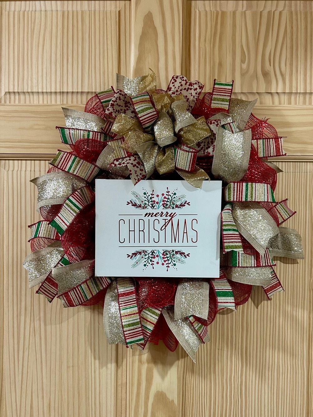 Festive Merry Christmas Holiday Wreath with Red, Gold & Green Accents